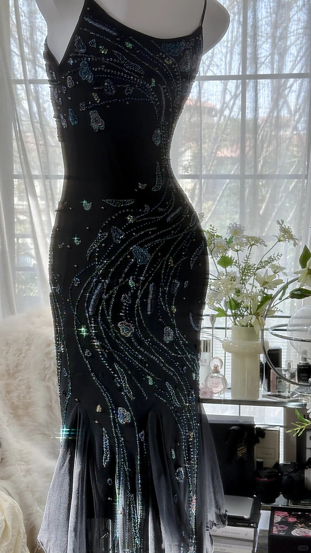 Retro beautiful shoulder strap beaded chiffon irregular skirt prom dress P3285