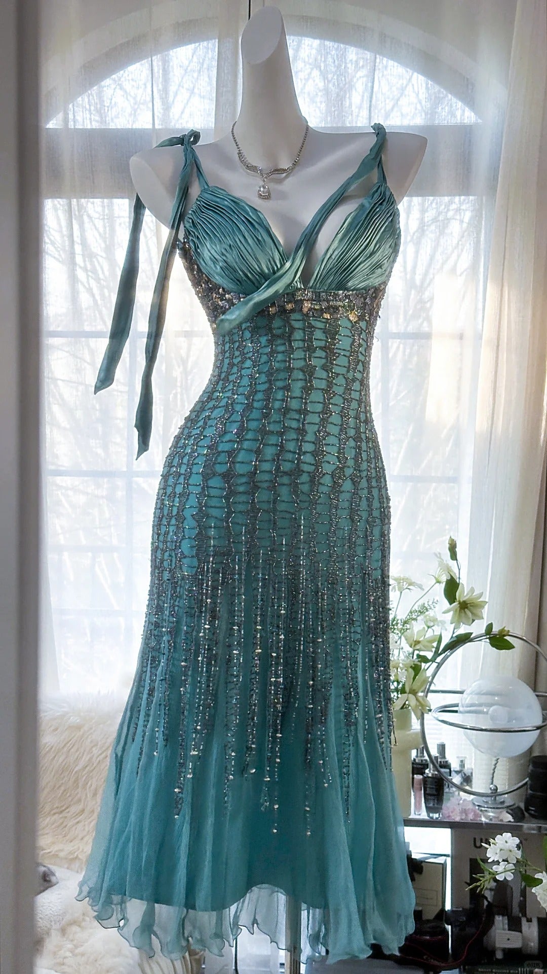 teal beaded prom dress Primavera Couture 4523 Beaded Slit Prom Long Formal Dress