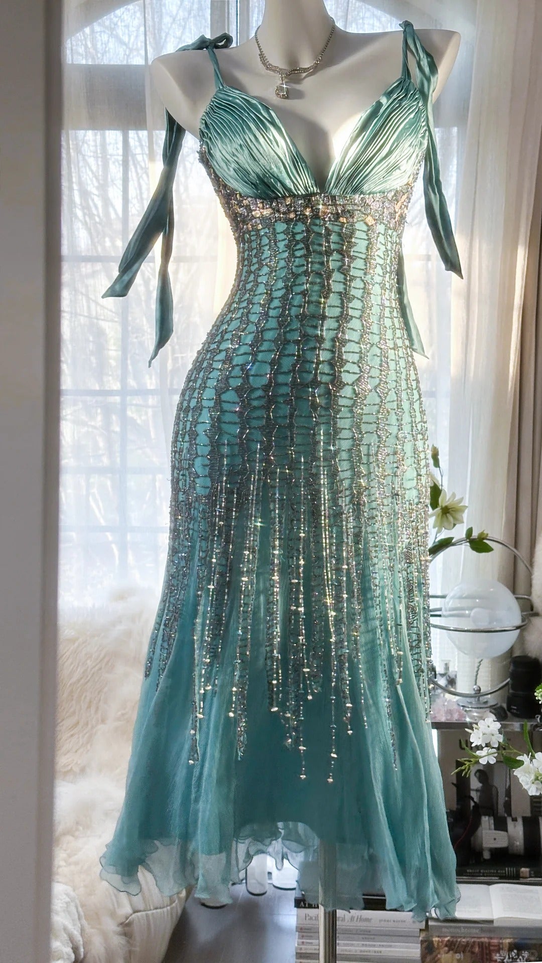 Elegant Blue V-Neck Beaded Tassel Chiffon Prom Dress P3290