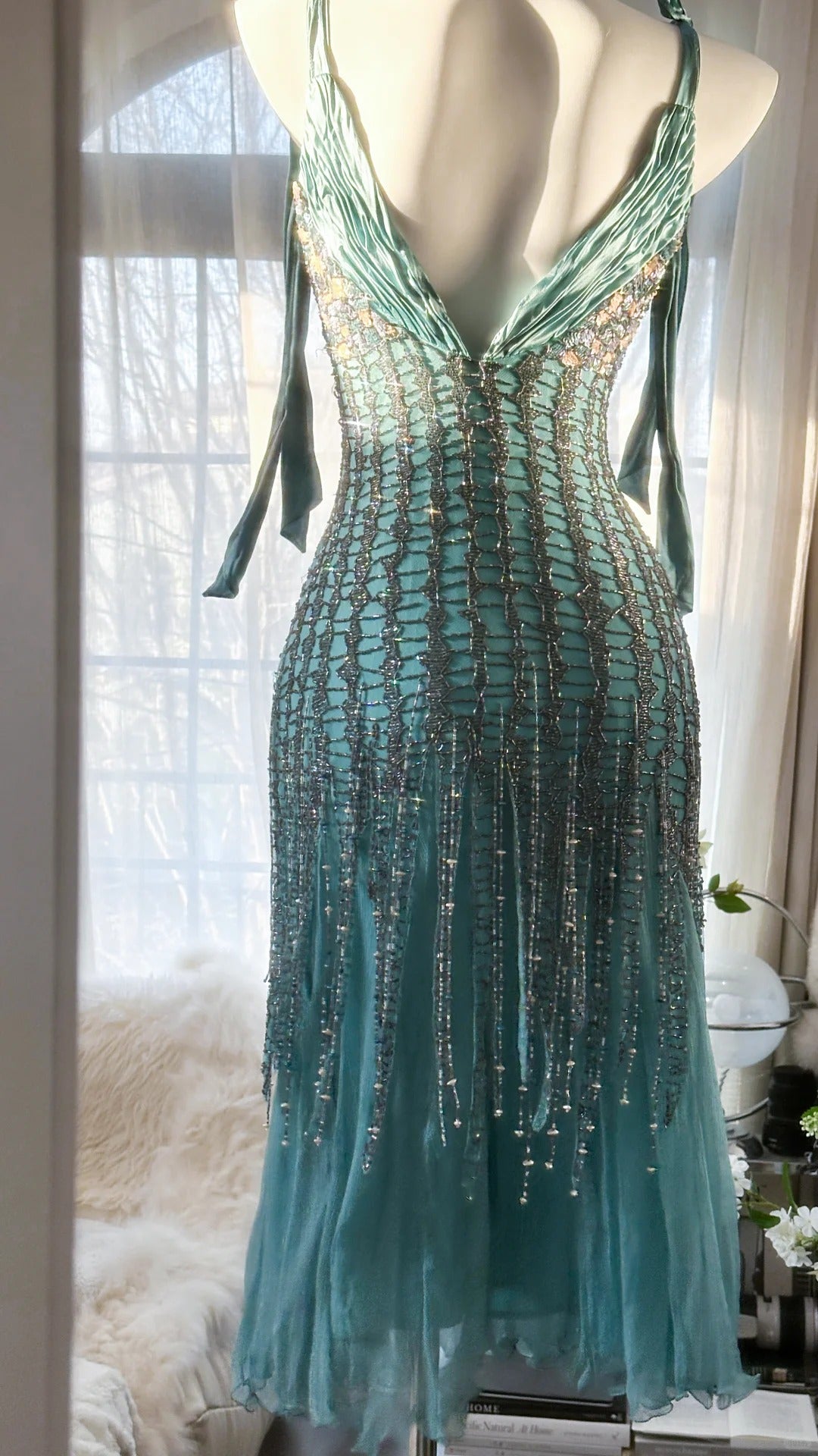 Elegant Blue V-Neck Beaded Tassel Chiffon Prom Dress P3290