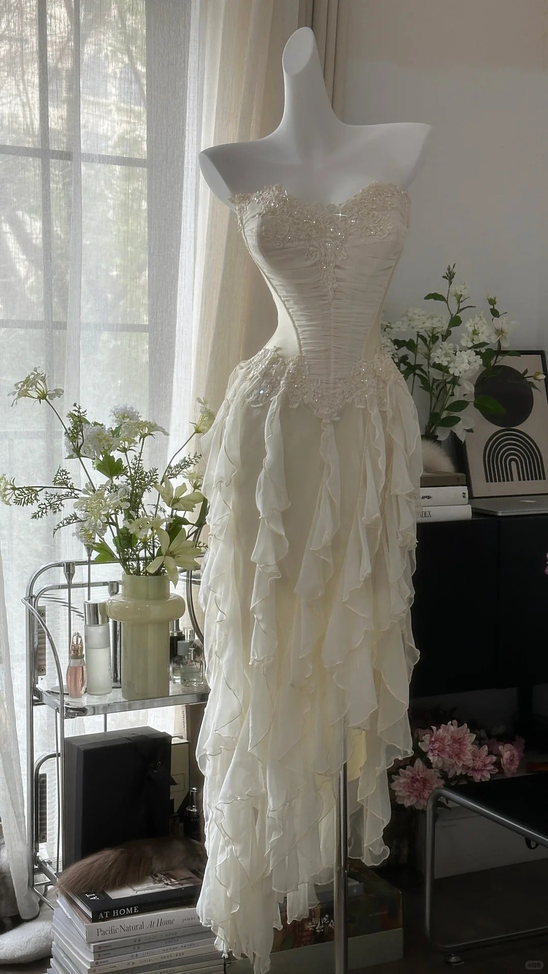 Fairy-like Tube Top With Heart-shaped Collar And Beaded Wood Ear Curled Skirt Chiffon Prom Dress P3294
