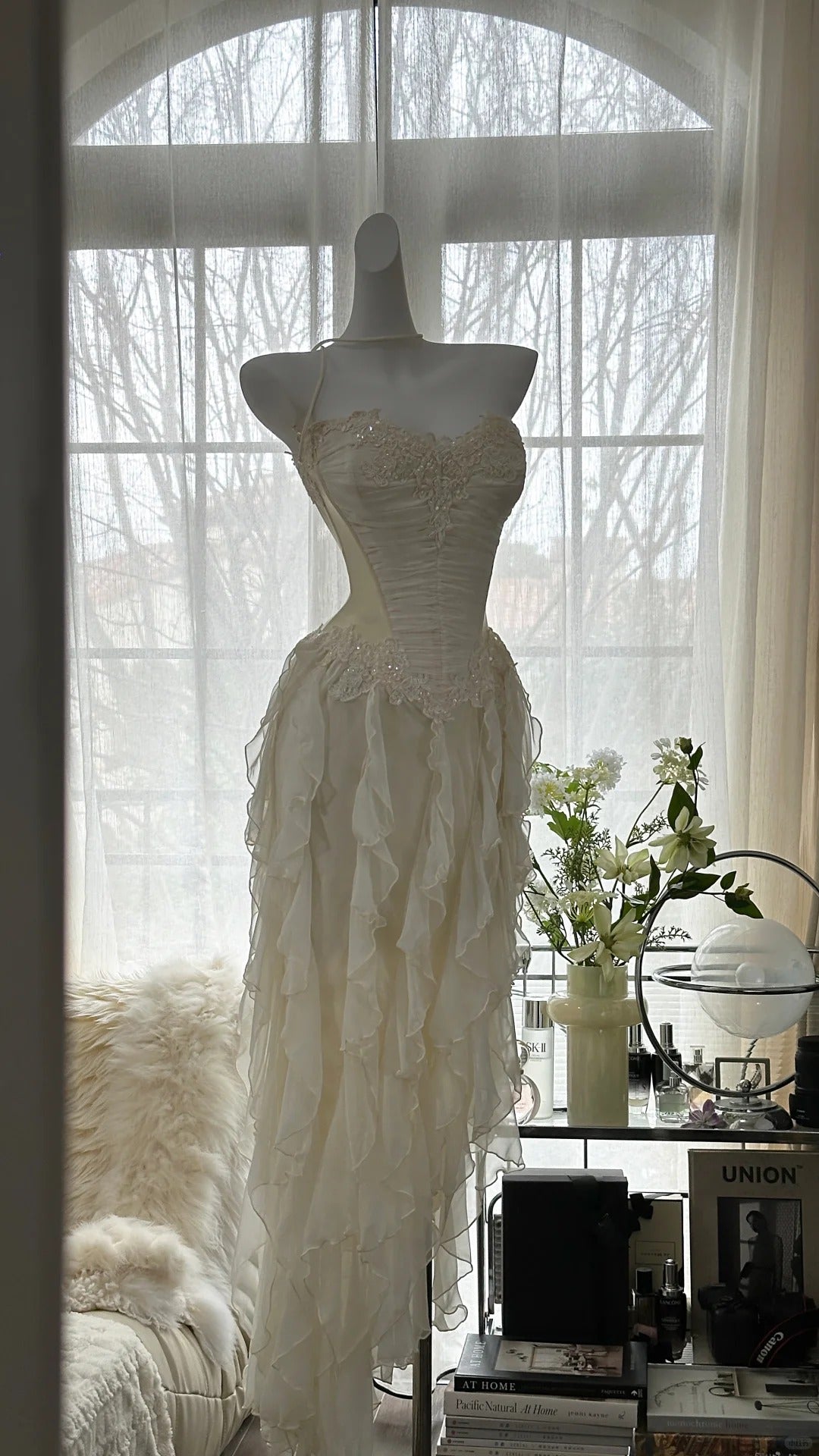 Fairy-like Tube Top With Heart-shaped Collar And Beaded Wood Ear Curled Skirt Chiffon Prom Dress P3294