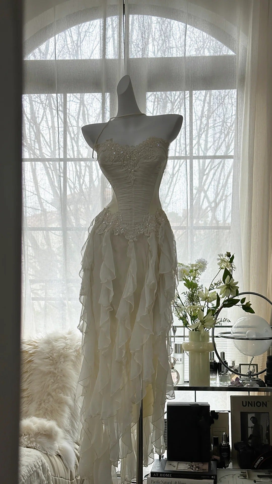 Fairy-like Tube Top With Heart-shaped Collar And Beaded Wood Ear Curled Skirt Chiffon Prom Dress P3294