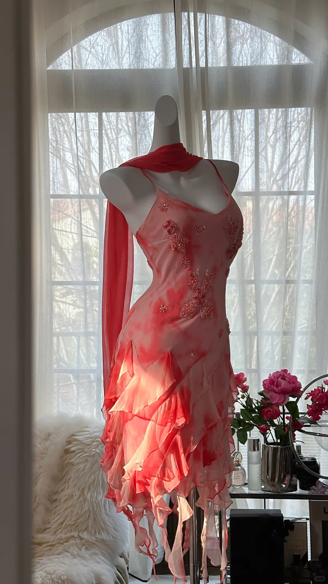 Gorgeous Grapefruit Beaded Chiffon Irregular Hem Short Prom Dress P3295