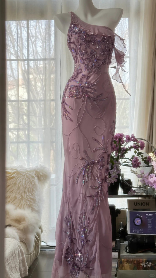 Charming Purple One Shoulder Heavily Beaded Chiffon Prom Dress P3297