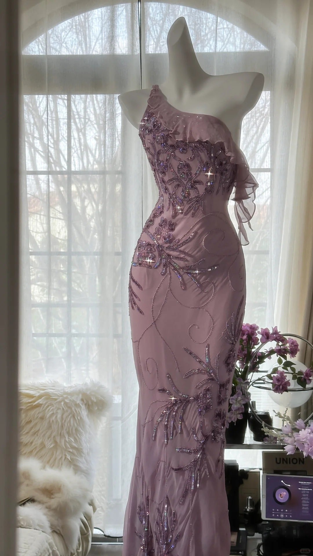 Charming Purple One Shoulder Heavily Beaded Chiffon Prom Dress P3297