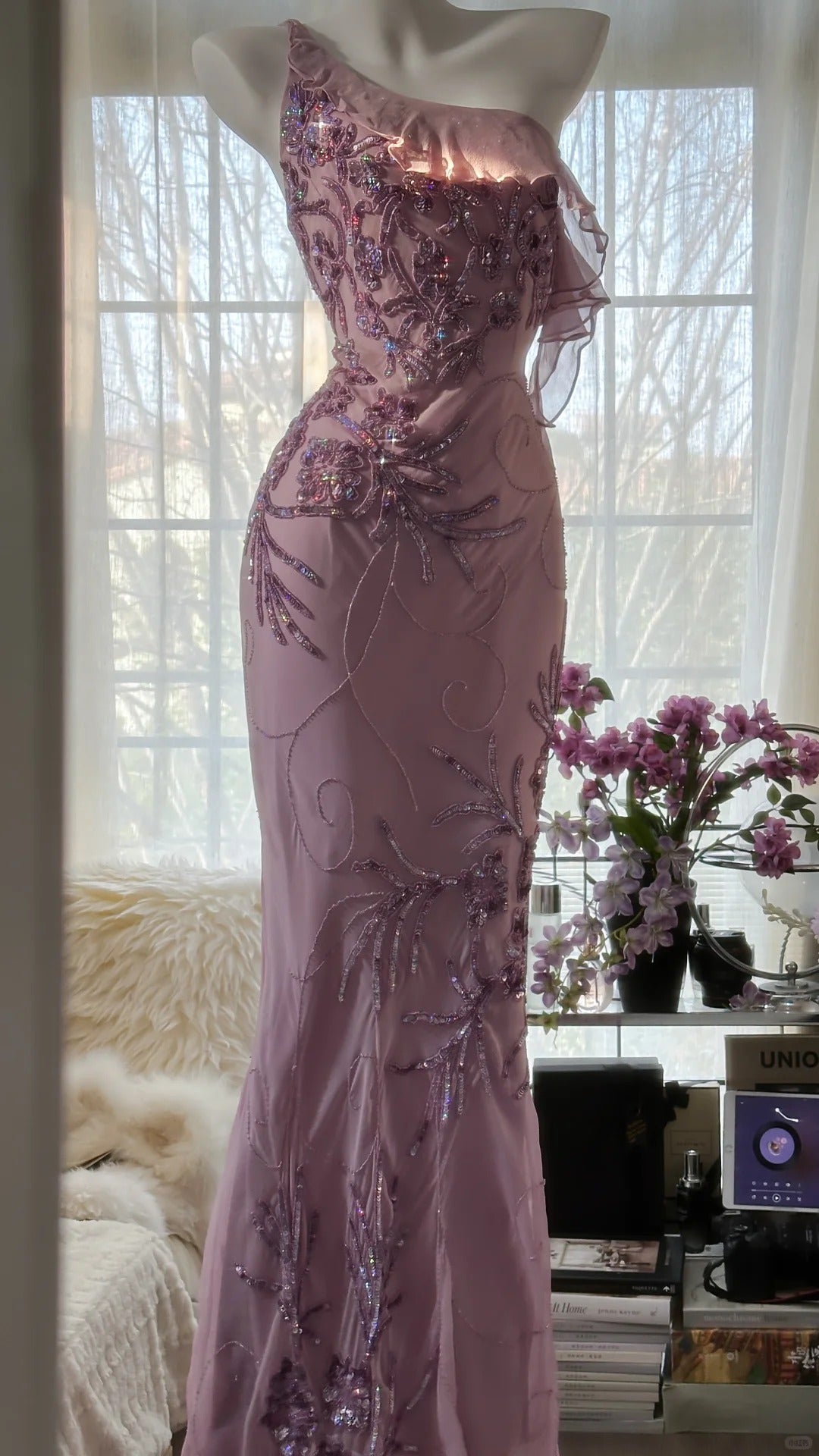 Charming Purple One Shoulder Heavily Beaded Chiffon Prom Dress P3297