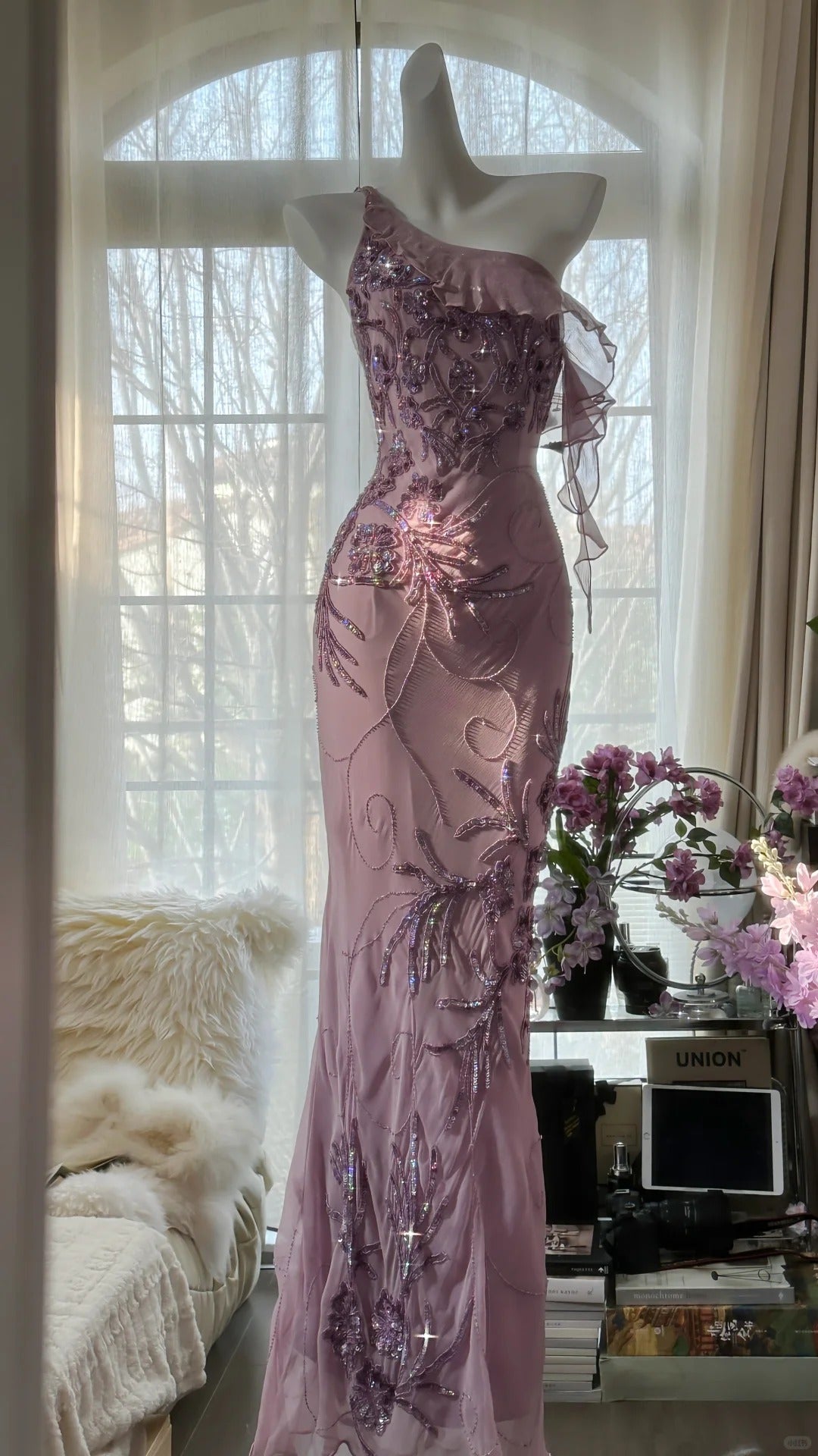 Charming Purple One Shoulder Heavily Beaded Chiffon Prom Dress P3297
