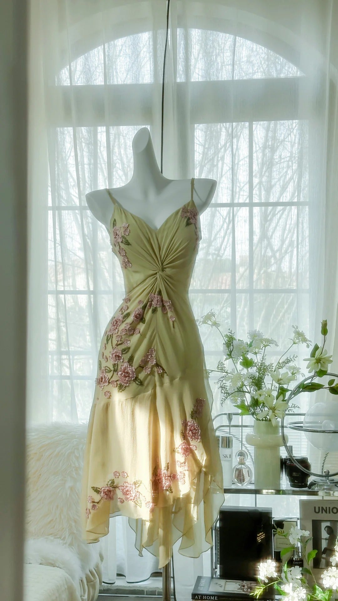 Fresh Green Floral Beaded Knotted Chiffon Prom Dress P3302