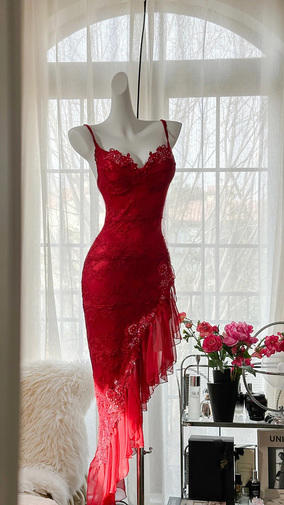 Sexy Red Lace Slanted Skirt Prom Dress P3303 Sexy Red Lace Slanted Skirt Prom Dress P3303