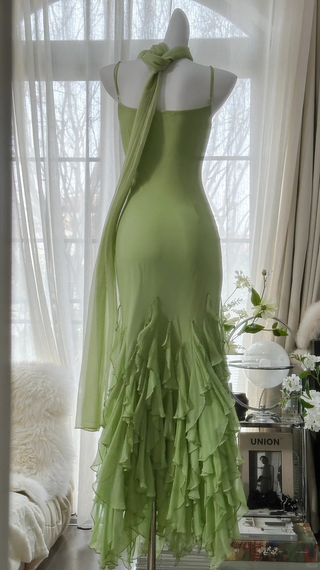 Fresh Green Simple Chiffon Ruffle Skirt Prom Dress P3305
