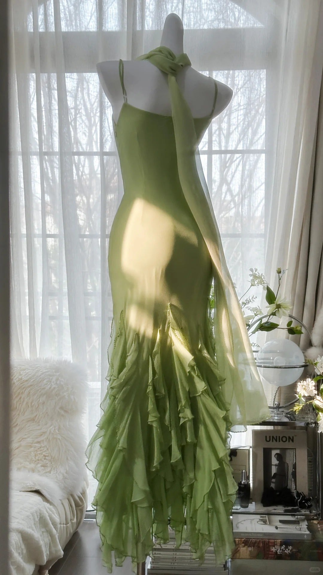 Fresh Green Simple Chiffon Ruffle Skirt Prom Dress P3305