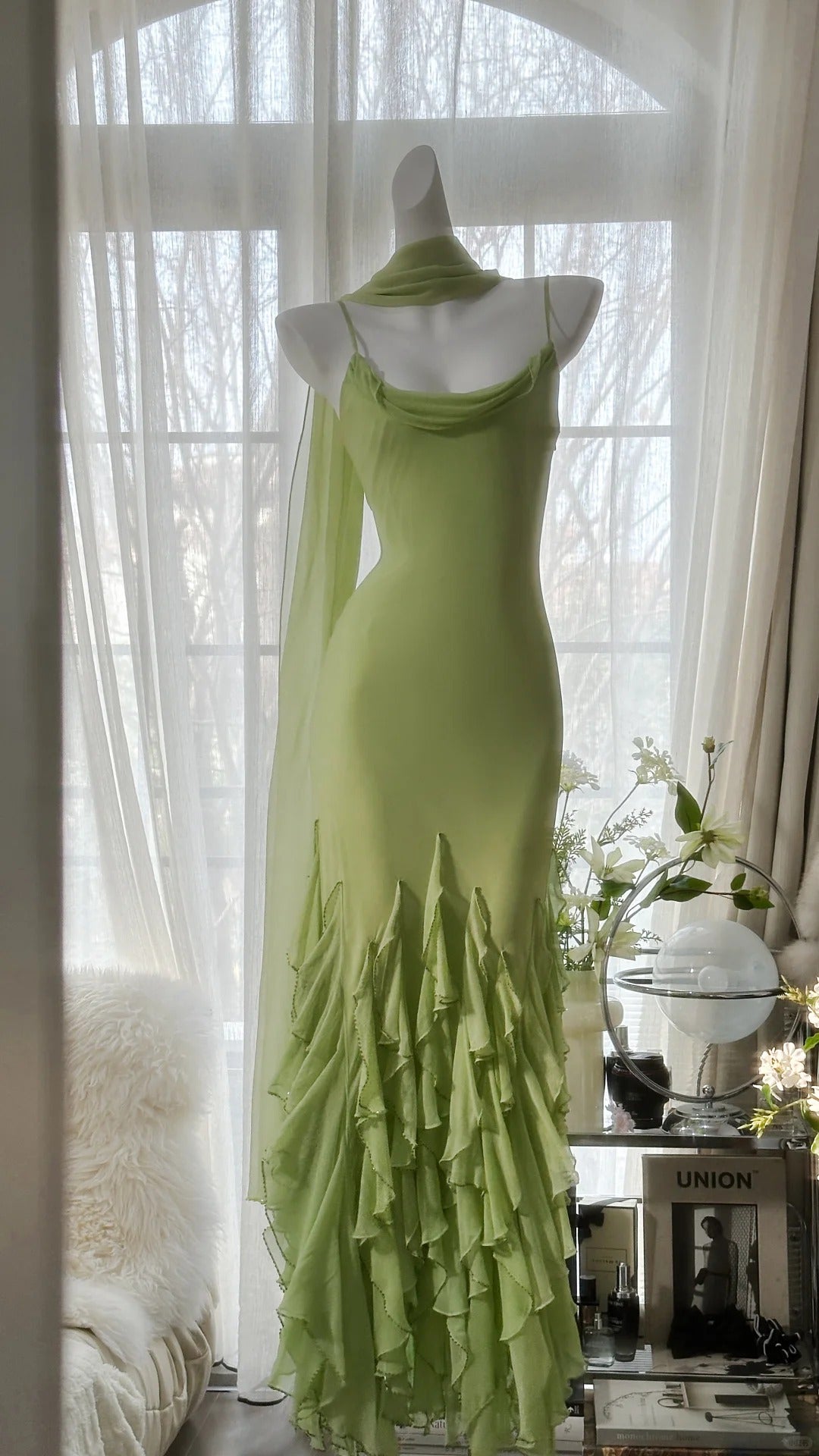 Fresh Green Simple Chiffon Ruffle Skirt Prom Dress P3305