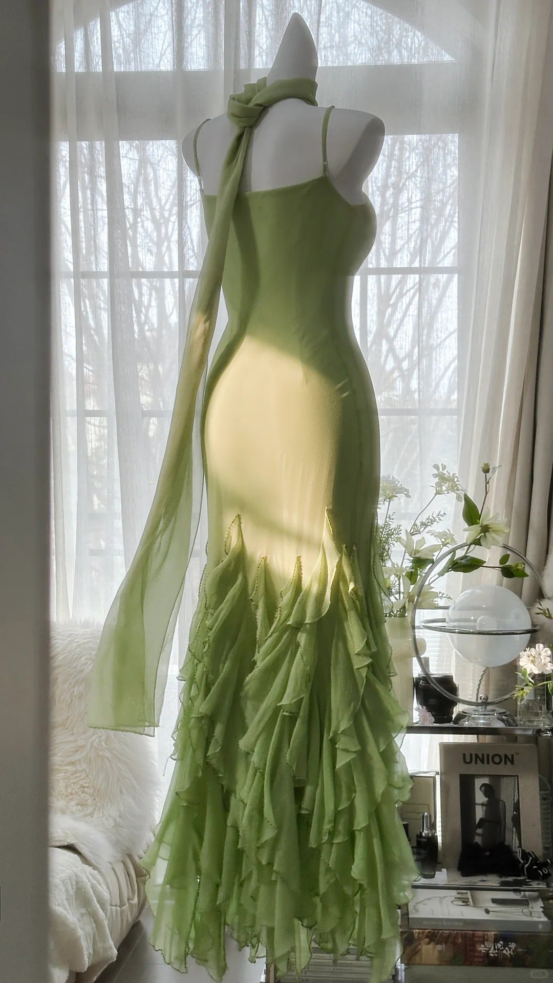 Fresh Green Simple Chiffon Ruffle Skirt Prom Dress P3305