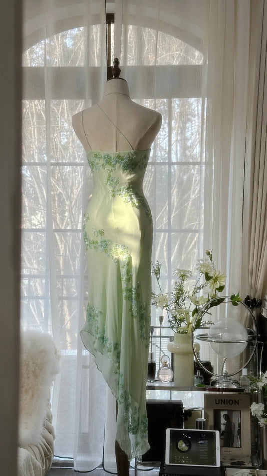 Stunning Mint Green One Shoulder Chiffon Beaded Bias-cut Skirt Prom Dress P3308
