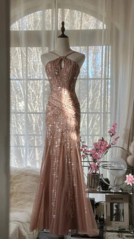 Shiny Pink Beaded Chiffon Mermaid Princess Long Prom Dress P3313