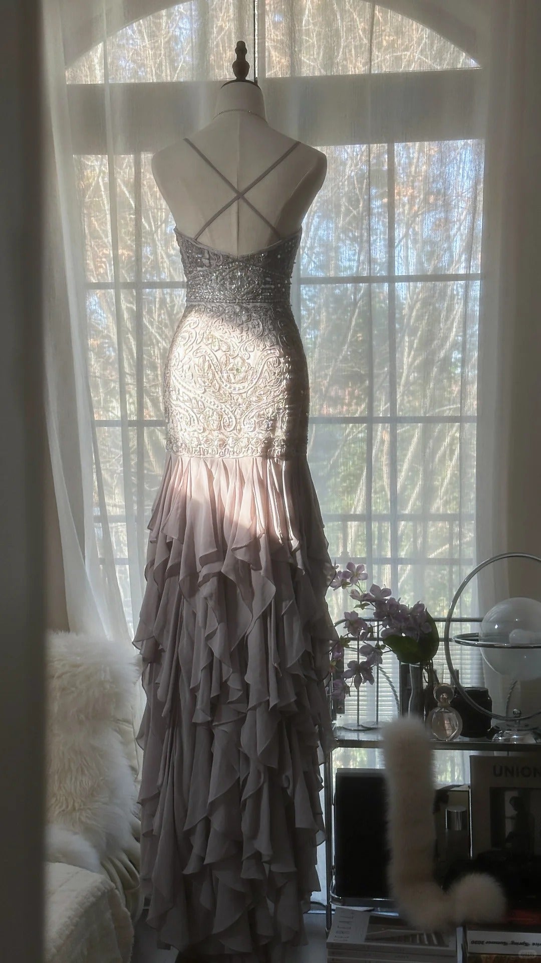 Charming Purple Beaded Short Front And Long Back Ruffled Chiffon Skirt Prom Dress P3315