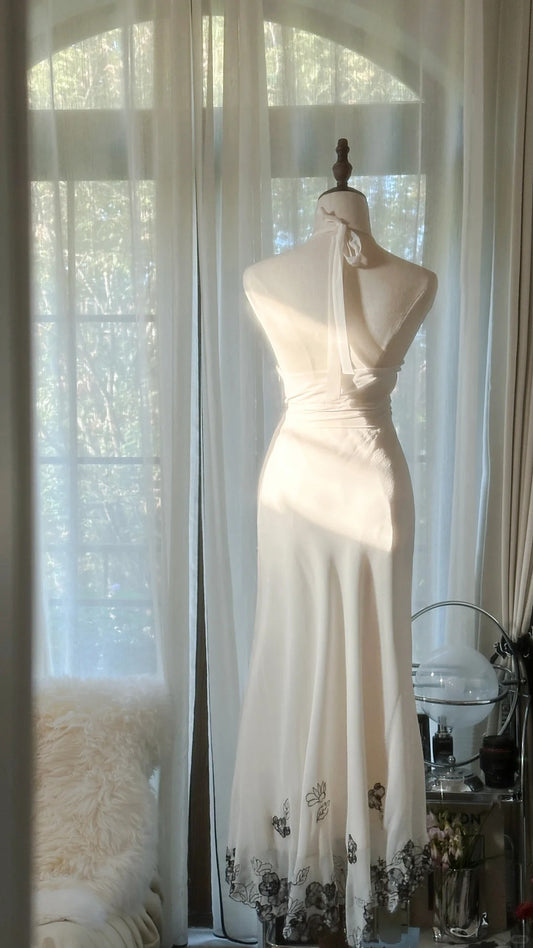 Sexy White Halter Neck Chiffon Lace Trim Prom Dress P3318