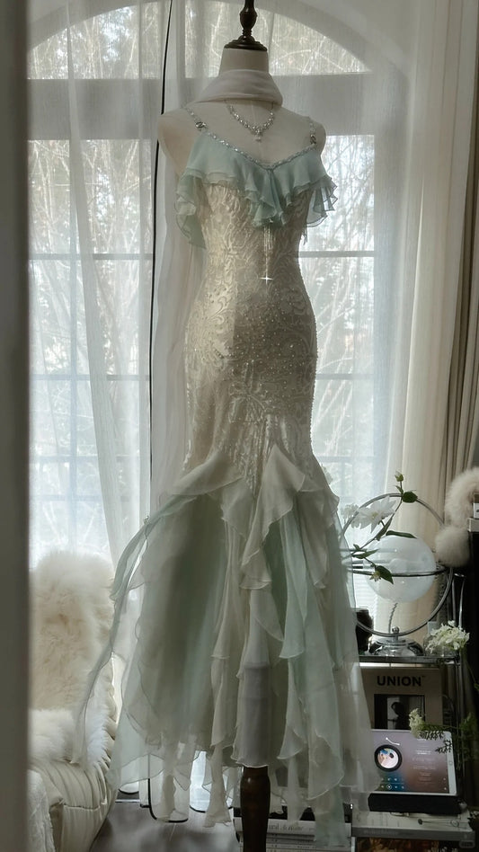 Beautiful Light Blue V-neck Ruffled Beaded Chiffon Mermaid Long Prom Dress P3319