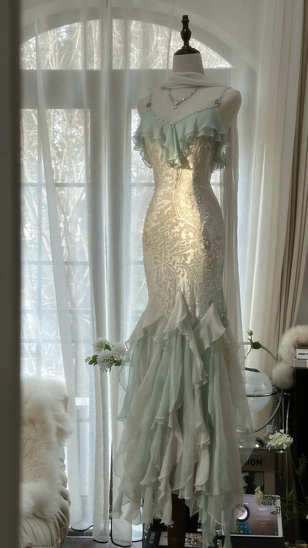 Beautiful Light Blue V-neck Ruffled Beaded Chiffon Mermaid Long Prom Dress P3319