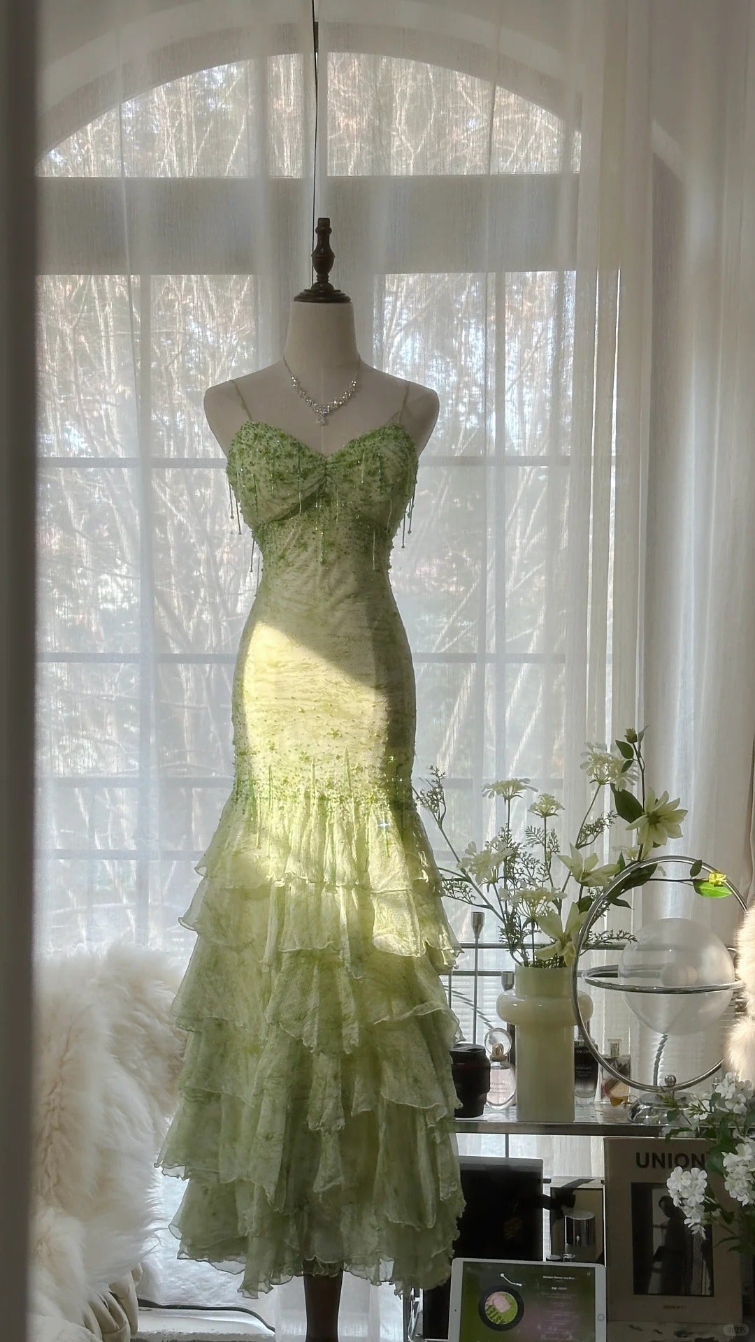 Fresh Green Beaded Mermaid Cake Skirt Prom Dress P3320