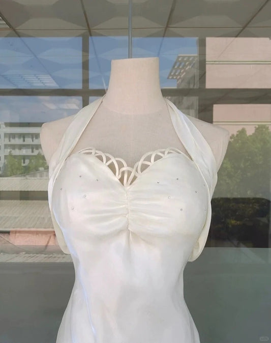 Elegant White Halter Simple Mermaid Long Prom Dress P3326