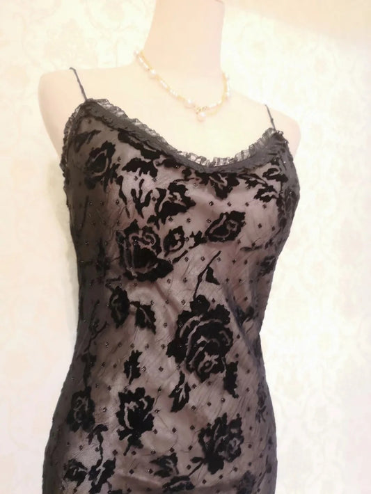 Sexy Black Tulle Rose Strap Mermaid Long Prom Dress P3328