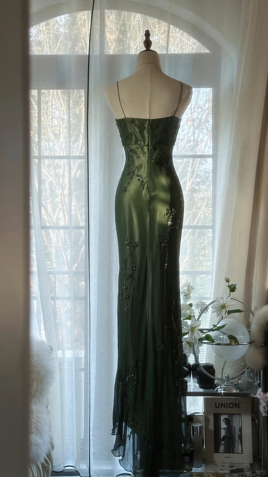 Vintage Dark Green Strapless Beaded Chiffon Mermaid Long Prom Dress P3329