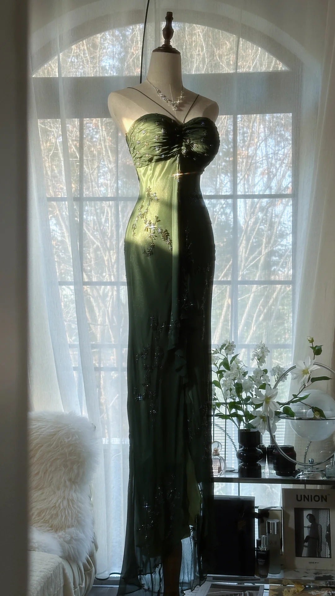 Vintage Dark Green Strapless Beaded Chiffon Mermaid Long Prom Dress P3329