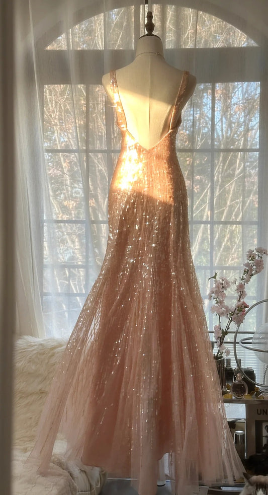 Shiny Princess Pink V-neck Sequined Backless Mermaid Long Prom Dress P3330