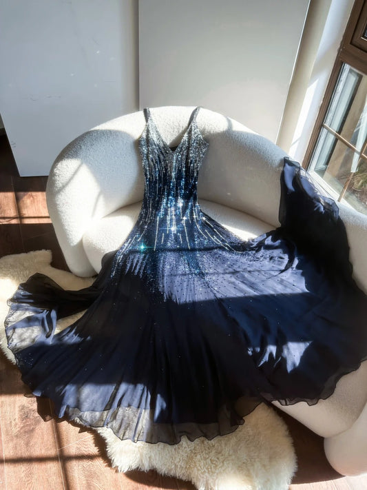 Vintage Navy Blue Shiny Sequin Strap Chiffon Long Prom Dress P3331