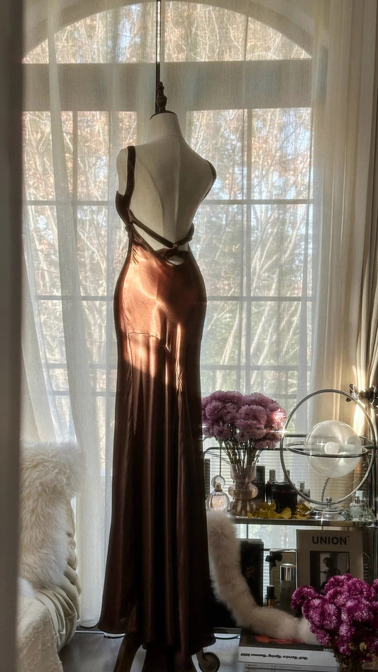 Simple and Elegant Brown Backless Satin Mermaid Long Prom Dress P3334