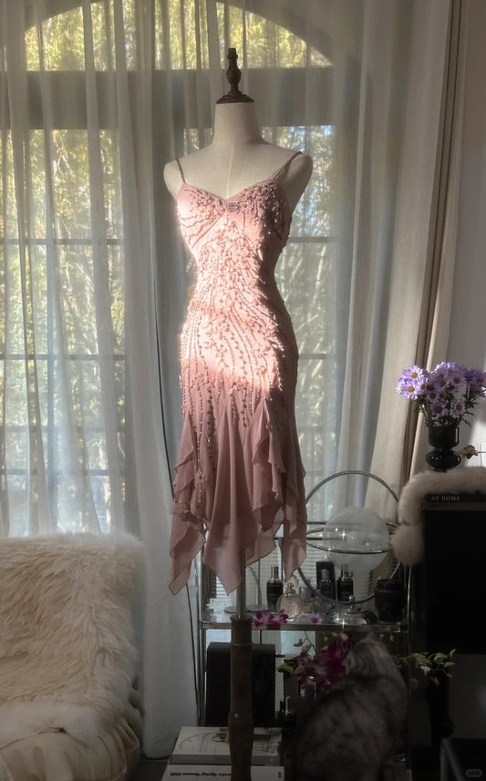 Cute Cherry Blossom Pink Beaded Chiffon Irregular Hem Prom Dress P3335