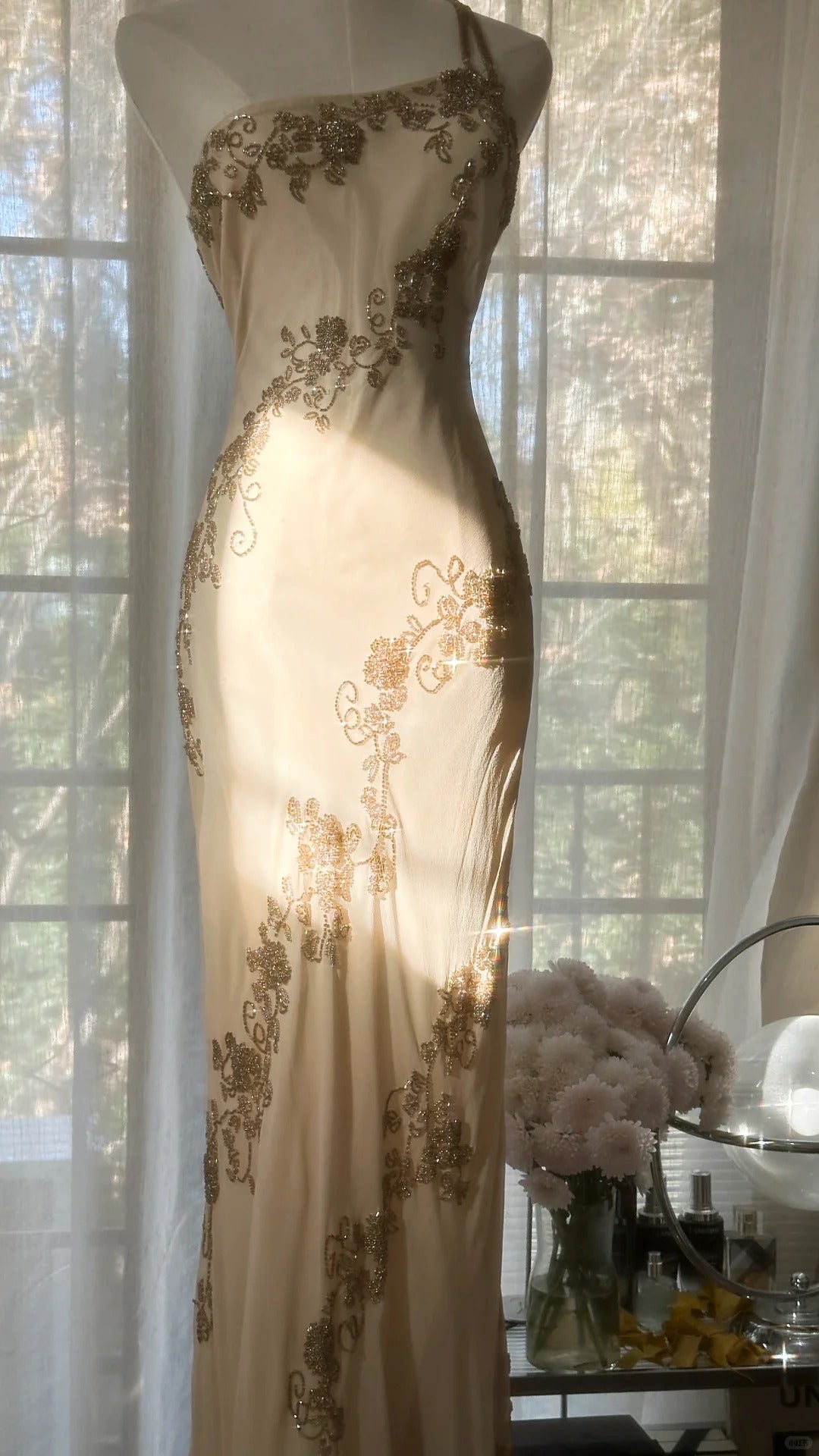 Elegant Champagne One Shoulder Beaded Chiffon Long Prom Dress P3337