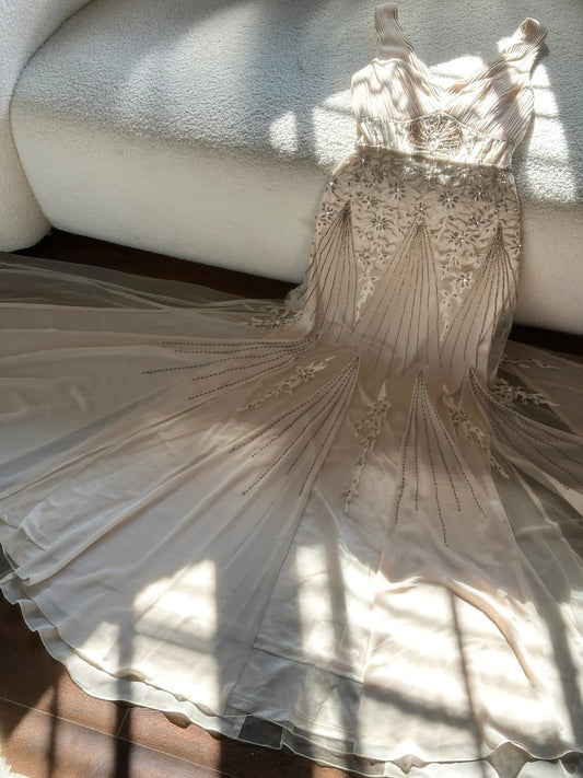 Vintage Palace V-neck Beaded Chiffon Long Prom Dress P3341