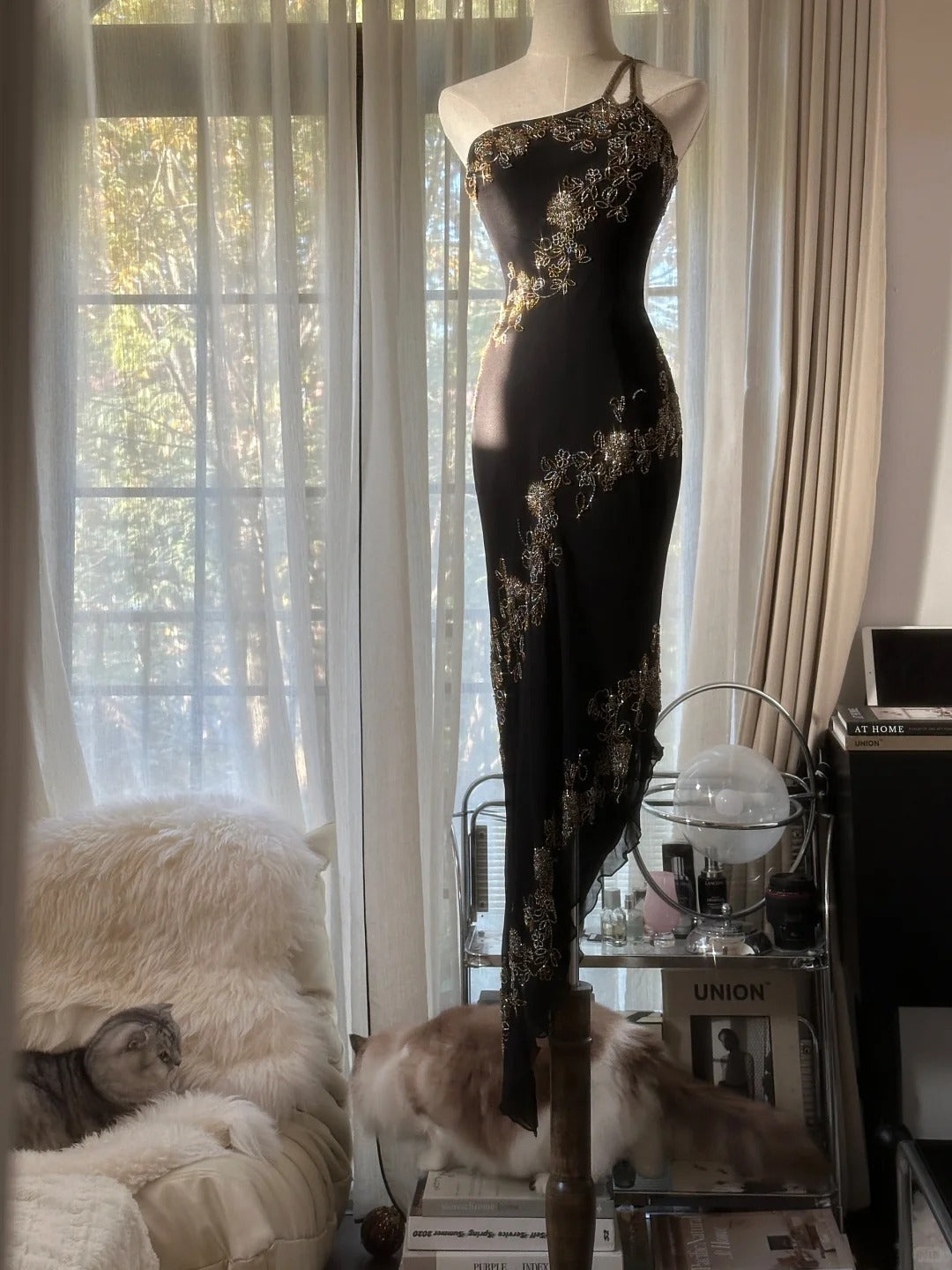 Elegant Black One Shoulder Chiffon Beaded Bias Skirt Mermaid Prom Dress P3345