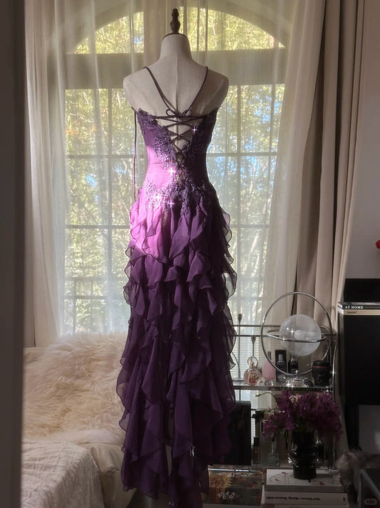 Retro Strapless Grape Purple Fungus Curled Skirt Chiffon Long Prom Dress P3346