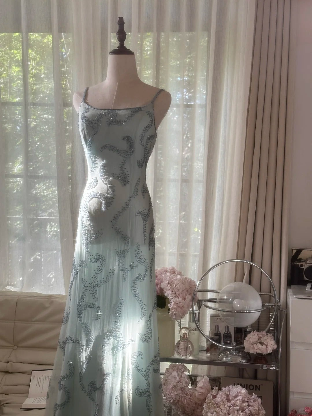 Lake Blue Square Neck Beaded Strap Long Prom Dress P3348