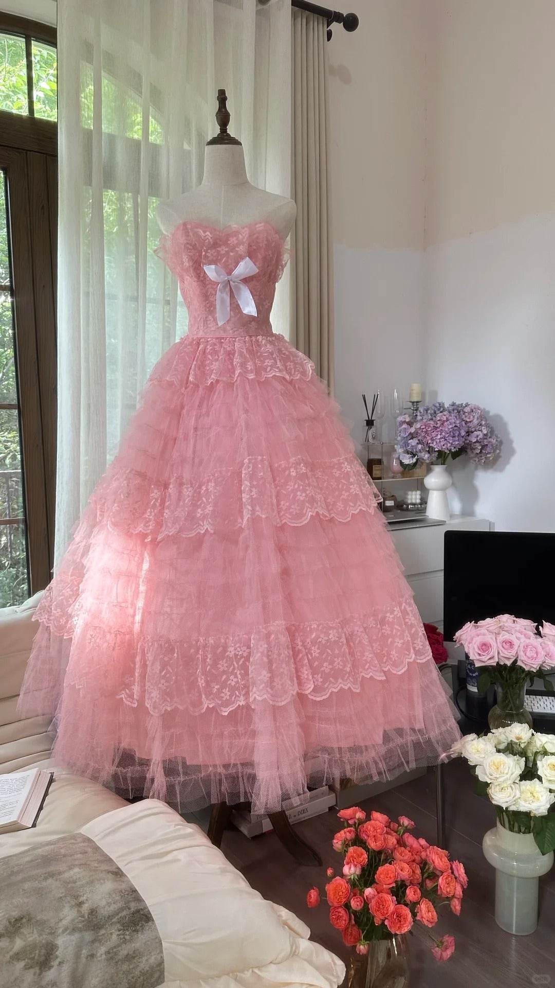 Cute Pink Sweetheart Neck Tulle Princess A-Line Prom Dress P3351