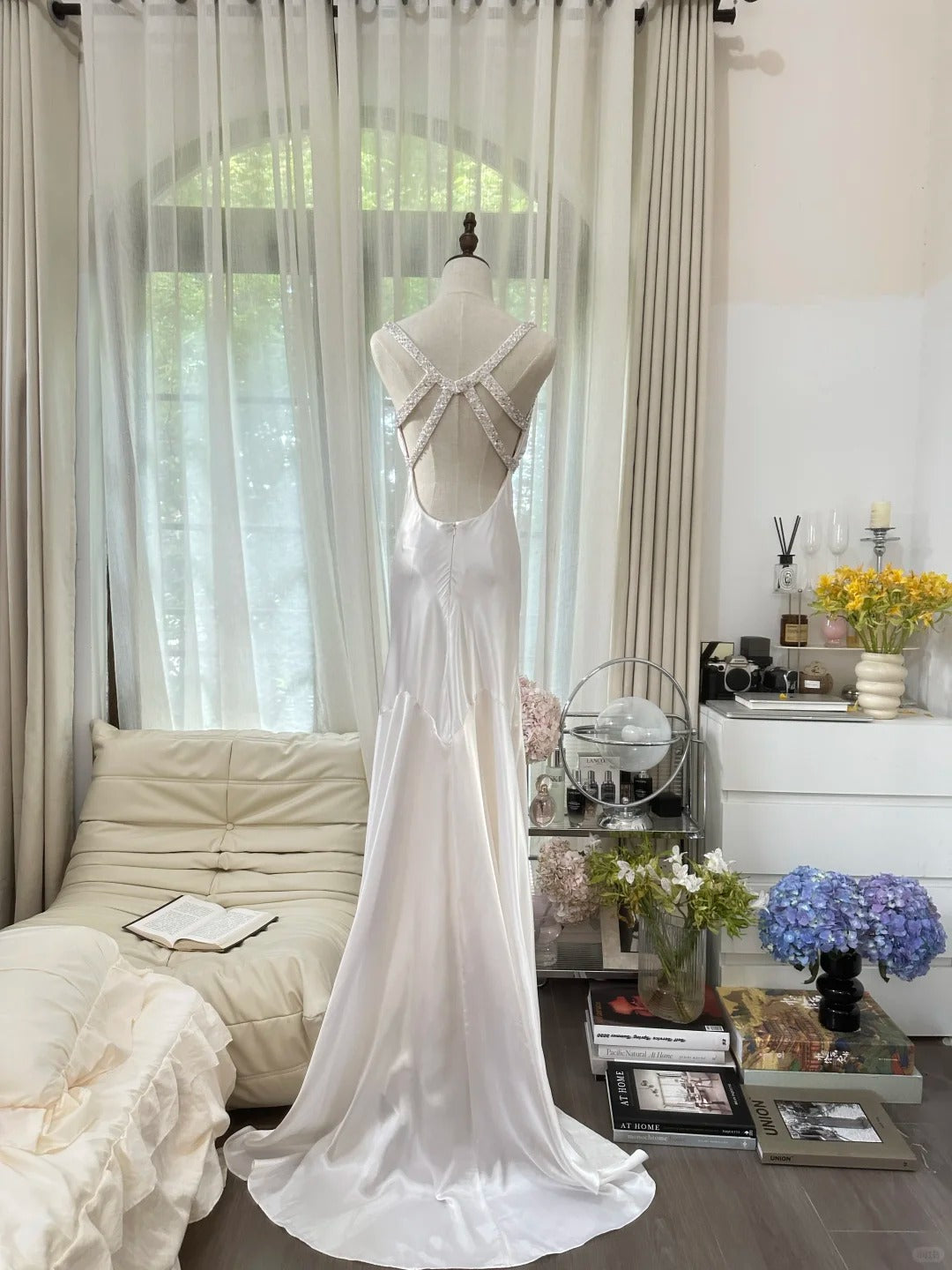 Elegant And Simple White Satin Open Back Prom Dress With Train P3355