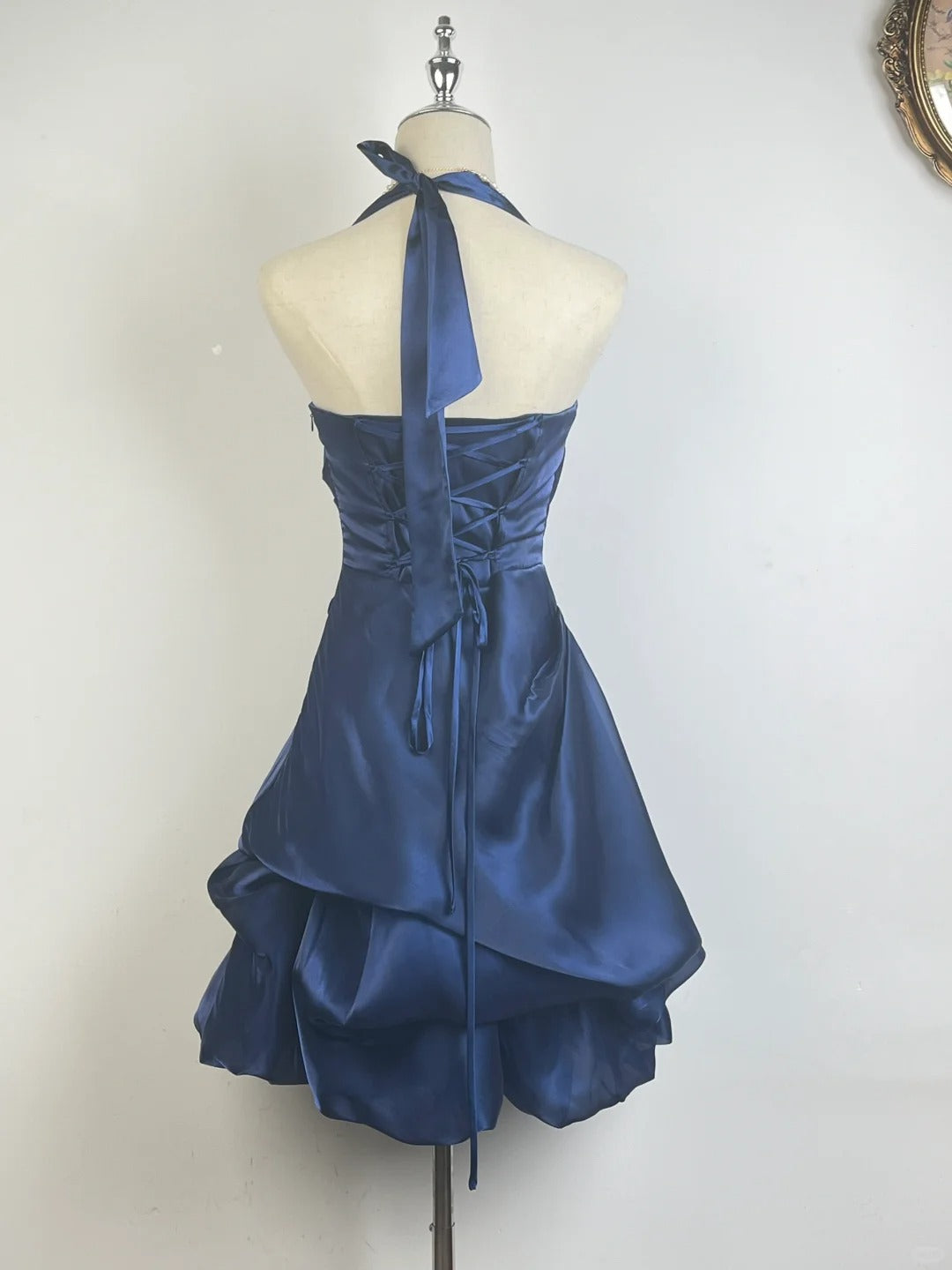 Vintage Dark Green Halter Neck Floral Mini Homecoming Dress P3359
