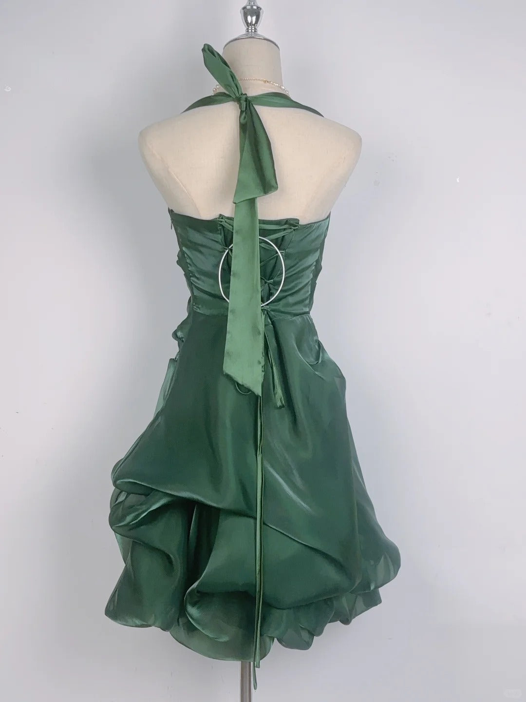 Vintage Dark Green Halter Neck Floral Mini Homecoming Dress P3359