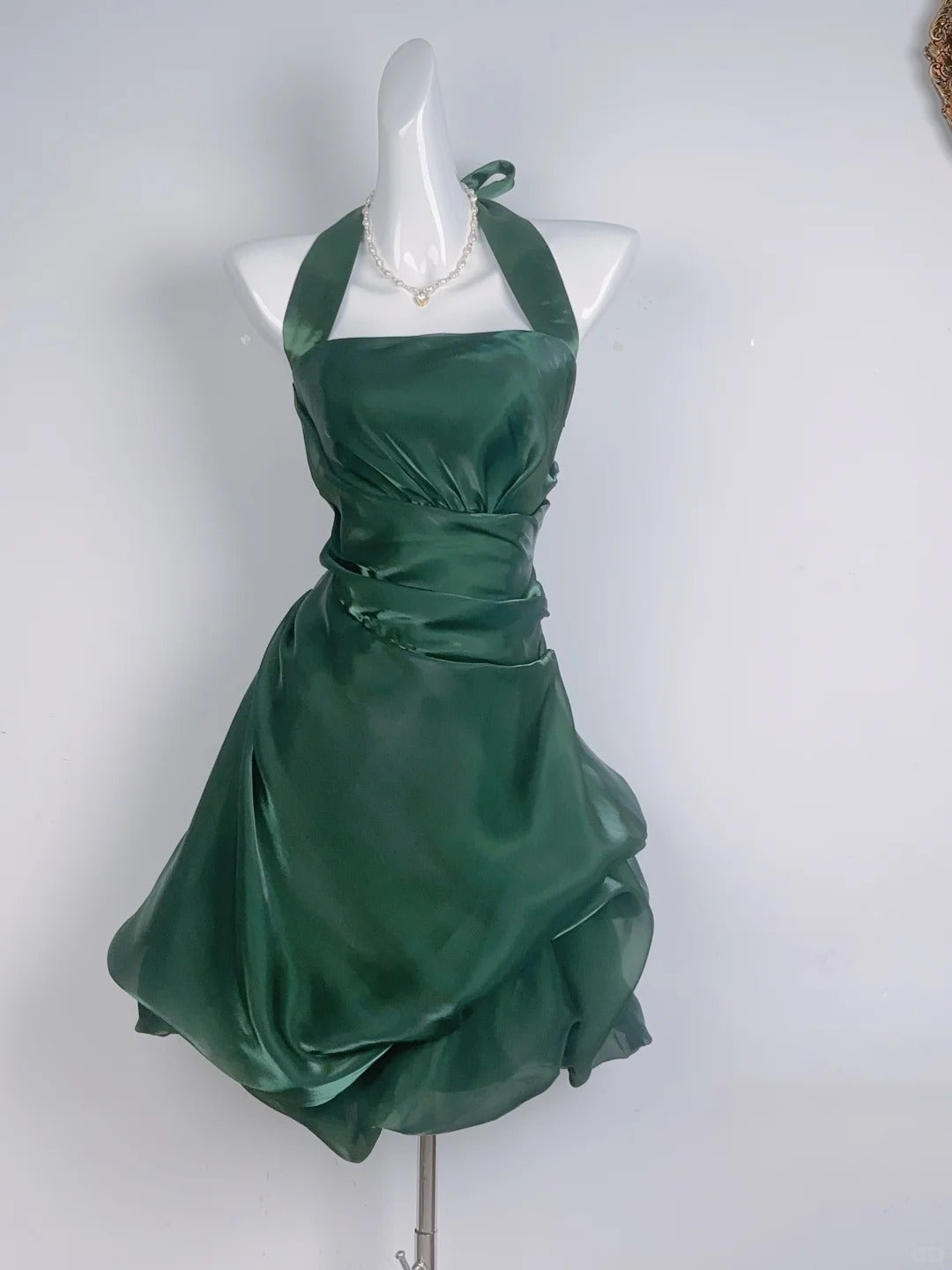 Vintage Dark Green Halter Neck Floral Mini Homecoming Dress P3359