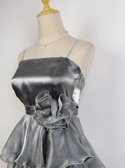 Vintage Laser Silver Strap Cake Skirt Homecoming Dress P3363
