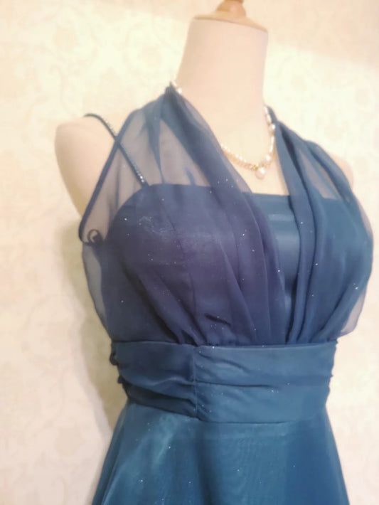 Classic Navy Halter Neck Shimmering Satin Homecoming Dress P3369