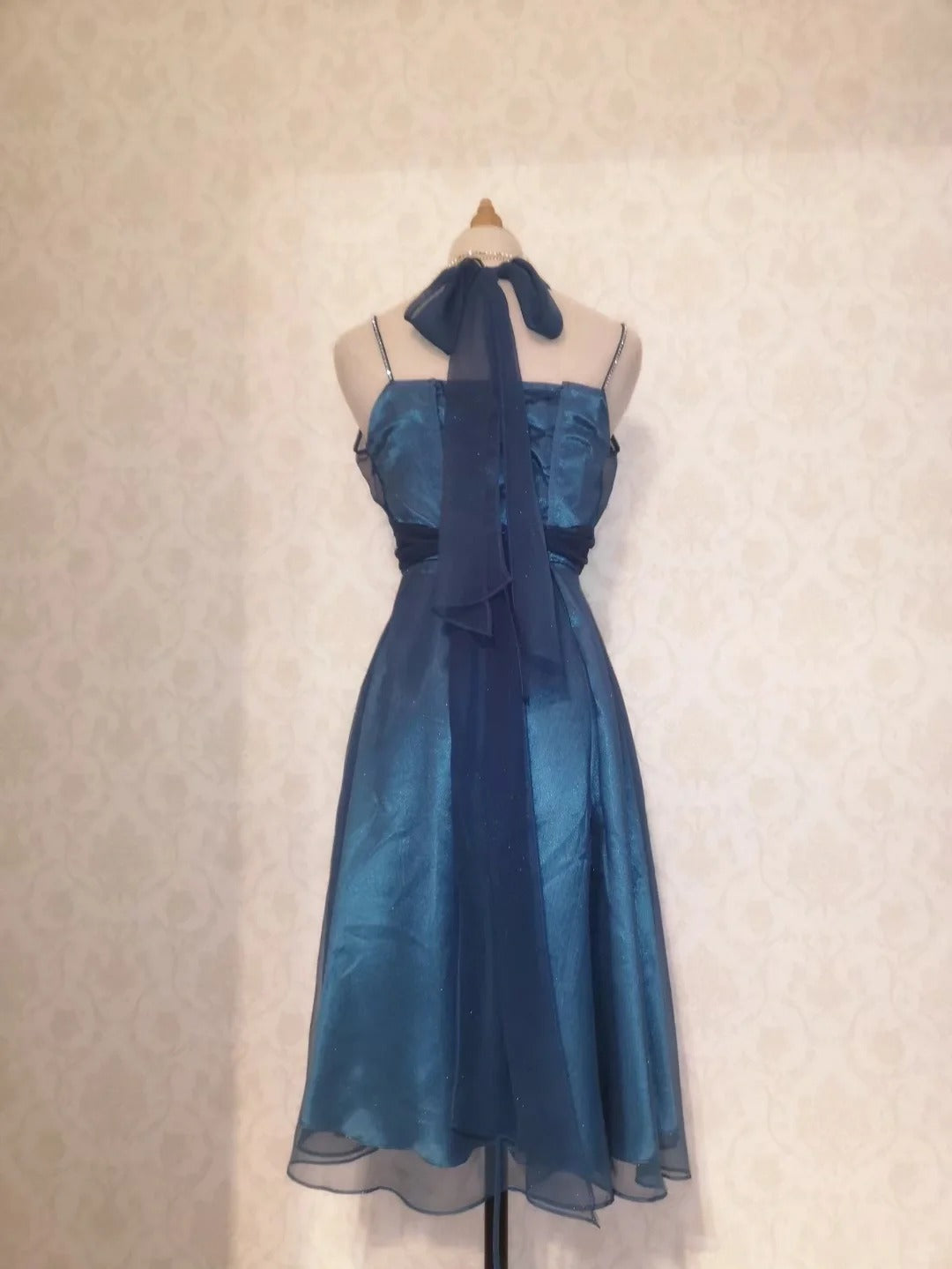 Classic Navy Halter Neck Shimmering Satin Homecoming Dress P3369