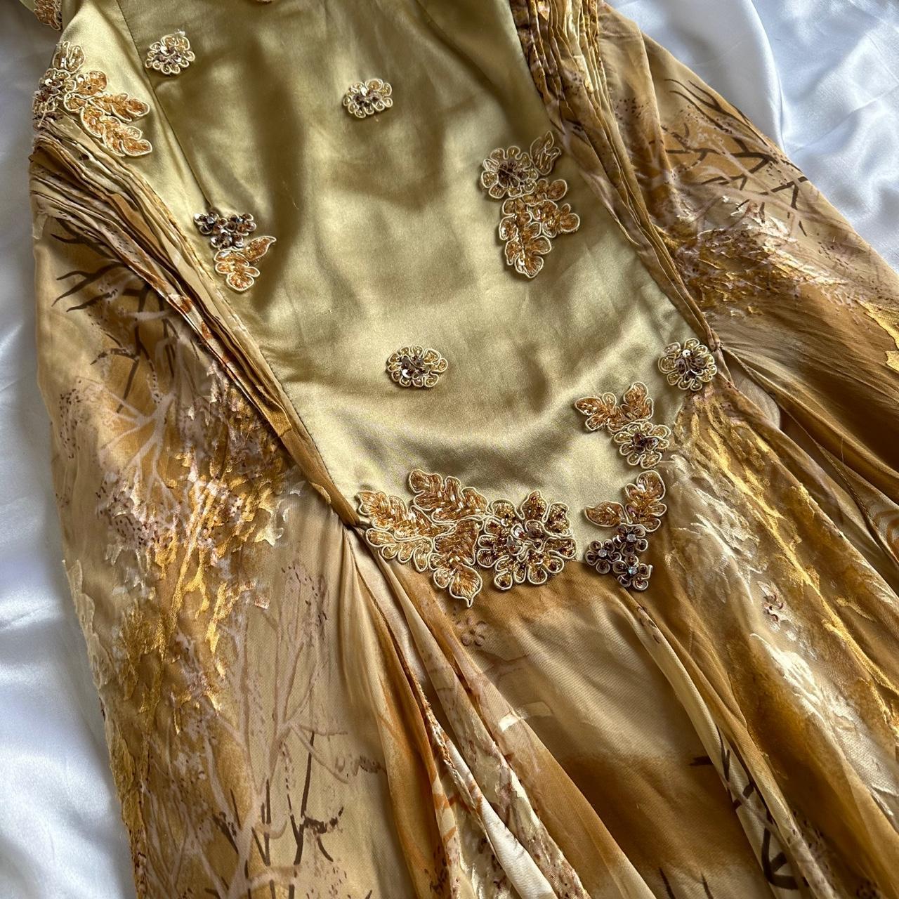 French Retro Gold Beaded Satin Irregular Skirt Prom Dress P3380