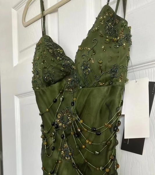Vintage Dark Green Beaded Strap Chiffon Mermaid Slit Prom Dress P3381