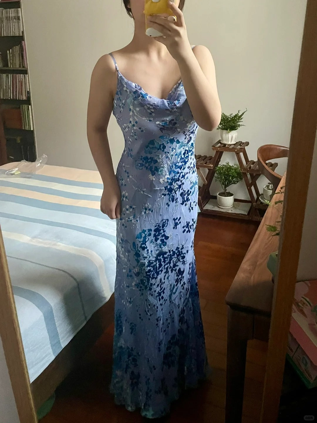 Elegant Spaghetti Strap Blue And Purple Printed Chic Long Prom Dress P3382