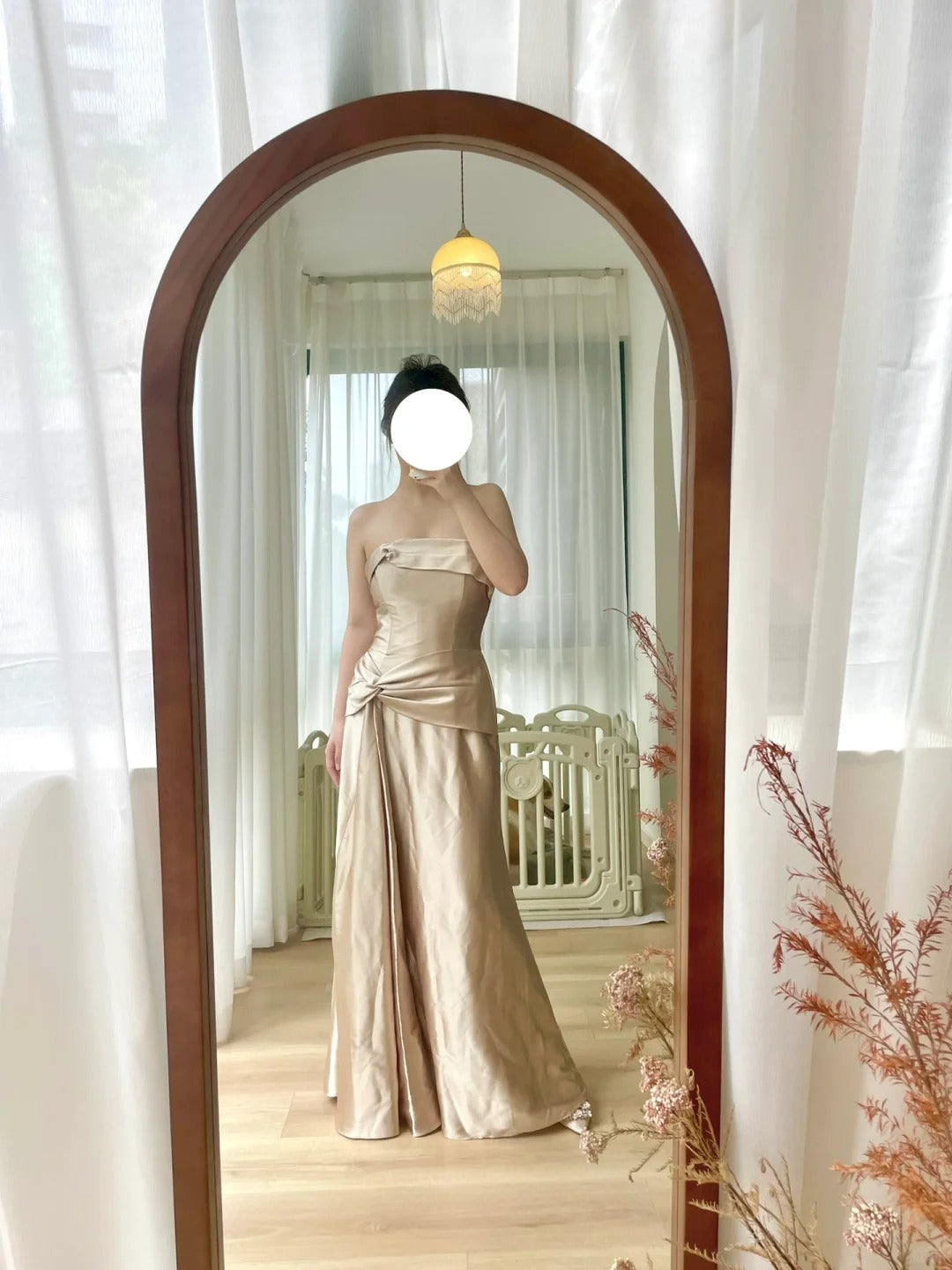 Simple And Elegant Strapless Golden Satin Herringbone Prom Dress P3383